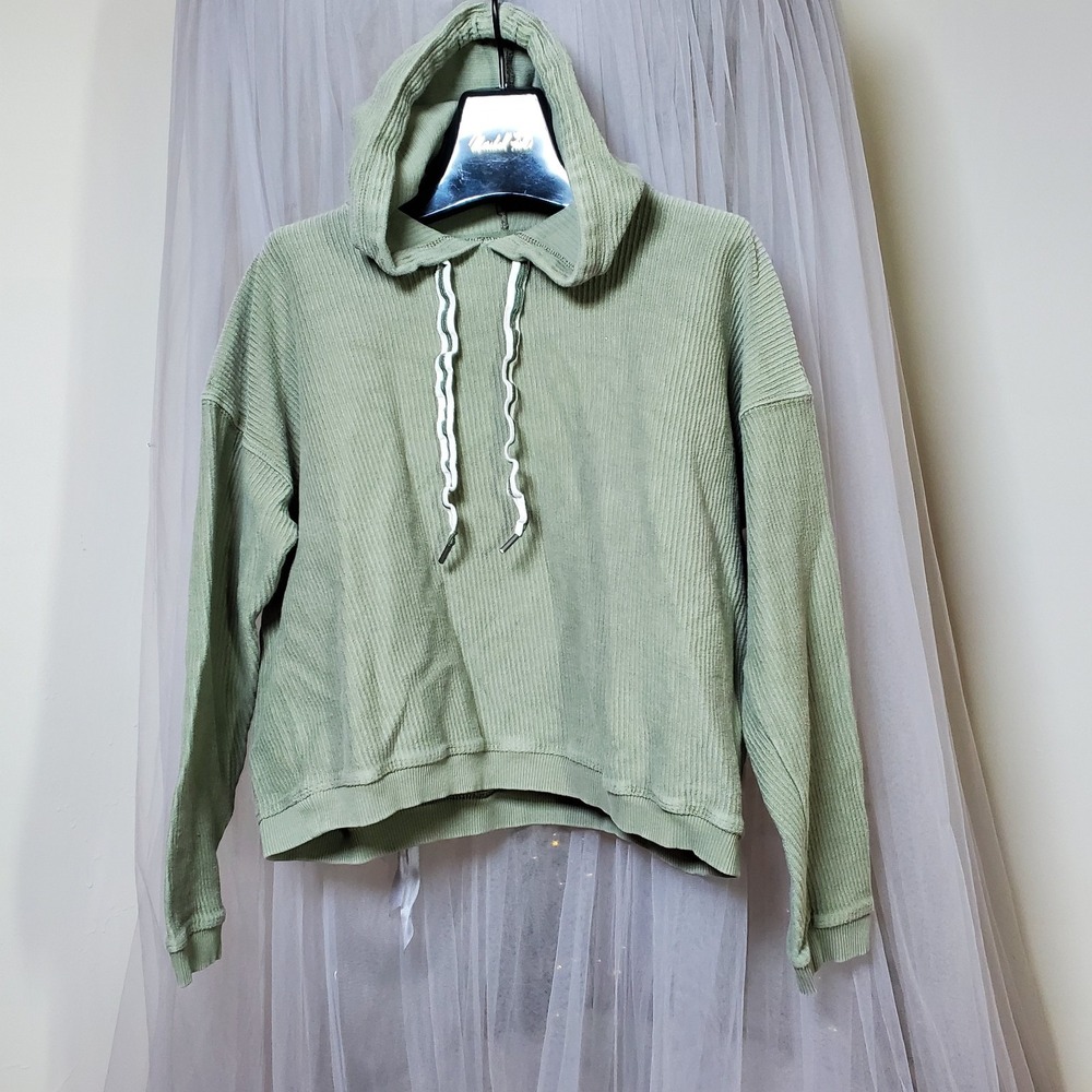 Aerie Sage Green Cotton Ribbed New Love Corded Cropped Hoodie M Athleisure
